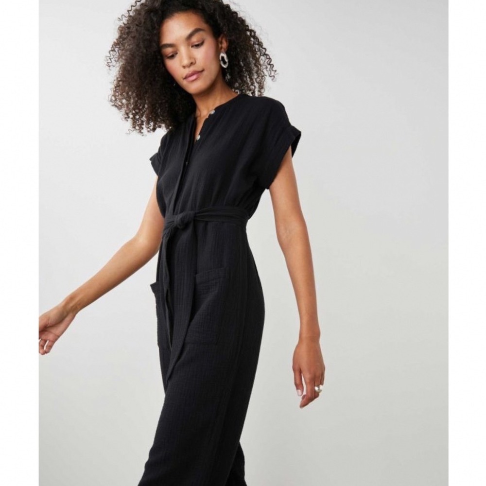 RAILS Raisa Organic Cotton Gauze Black Jumpsuit Short Sleeve Belted Pockets New!